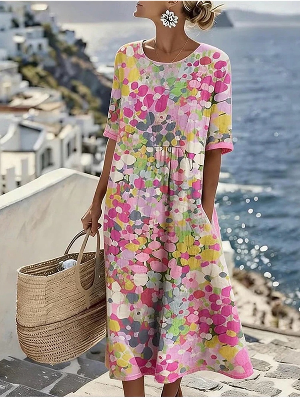 Watercolor Floral Midi Dress Women’s L Pleated Prairie Cottagecore Pockets New